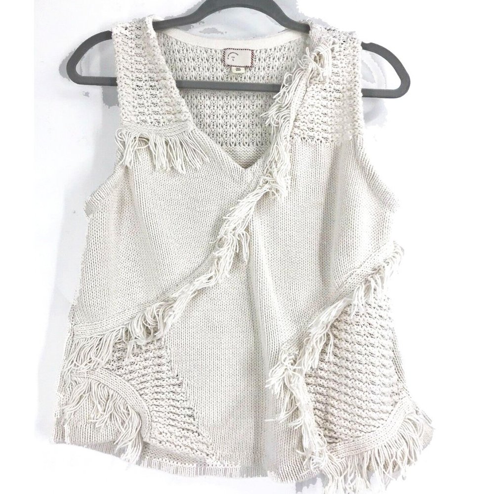 Antropologie Knitted V-Neck Sleeveless Top w/ Fringe, L, MSRP $129